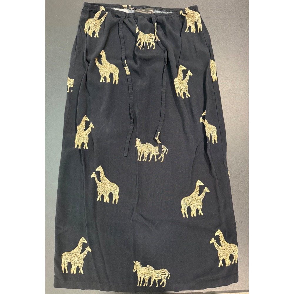 Intriguing Threads Vintage Black Rayon Crepe Giraffe Zebra Midi Skirt Size 12